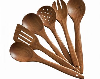 Juego de 6 cucharas de madera de palisandro hechas a mano / Espátula, cucharón y para freír