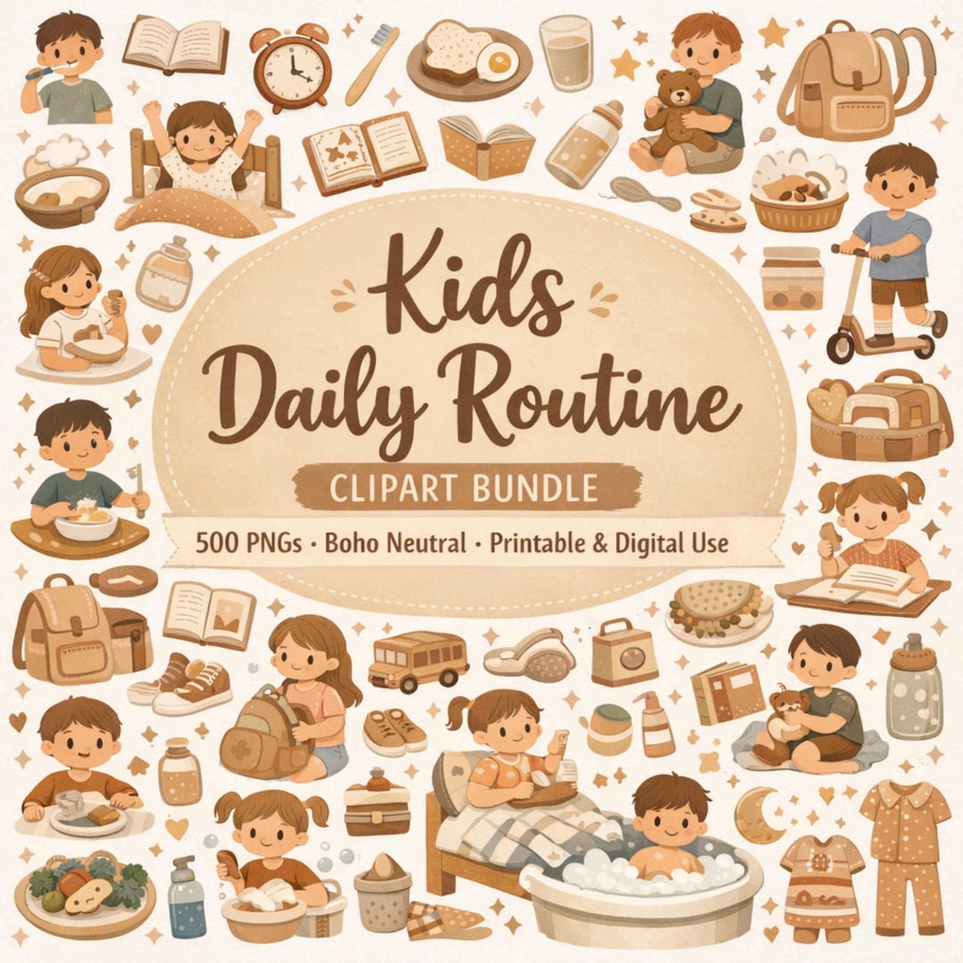 Kids Daily Routine Clipart Bundle | 500 PNG | Morning & Bedtime Routine ...