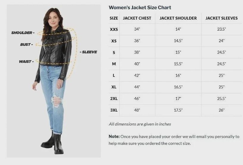 May include: A woman in a black jacket and blue jeans stands next to a size chart. The chart lists jacket sizes from XXS to 3XL, with chest, shoulder, and sleeve measurements in inches. The chart text reads "Women's Jacket Size Chart."