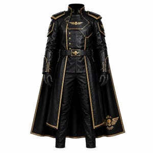 Peut inclure: Un long manteau noir avec des bordures dorées, des épaulettes et un col montant, assorti d'un pantalon noir. Le manteau présente un emblème de crâne doré sur la poitrine et la ceinture, ainsi qu'une longue cape avec un motif de crâne et d'ailes.