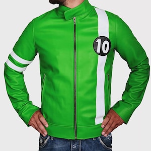 May include: Green jacket with a white stripe down the side and on the left sleeve. The jacket has a black circle with the number 10 on the chest. The jacket has a zipper closure and two side pockets.