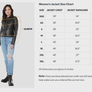 May include: A woman wearing a black jacket and blue jeans stands next to a size chart. The chart lists jacket measurements in inches for sizes XXS to 3XL, including chest, shoulder, and sleeve lengths.
