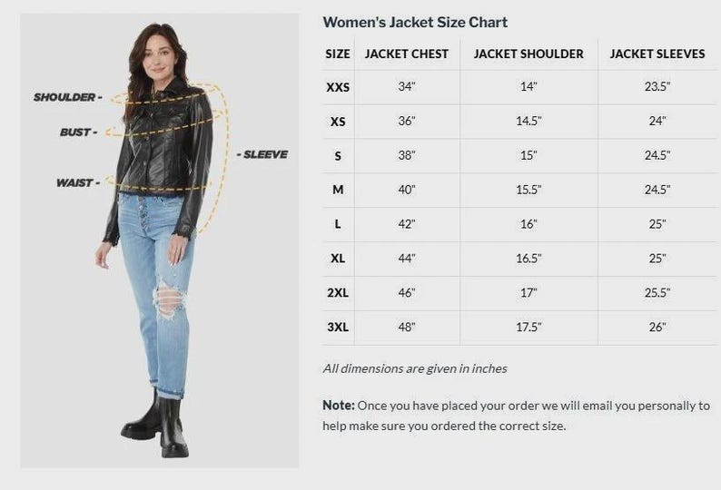 May include: A woman wearing a black jacket and blue jeans stands next to a size chart. The chart lists jacket measurements in inches for sizes XXS to 3XL, including chest, shoulder, and sleeve lengths.