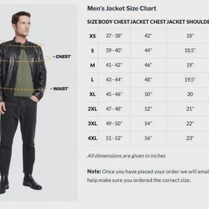 May include: A man in a black leather jacket and dark jeans stands next to a size chart. The chart lists jacket sizes from XS to 4XL, with measurements in inches for body, chest, shoulder, and sleeve.