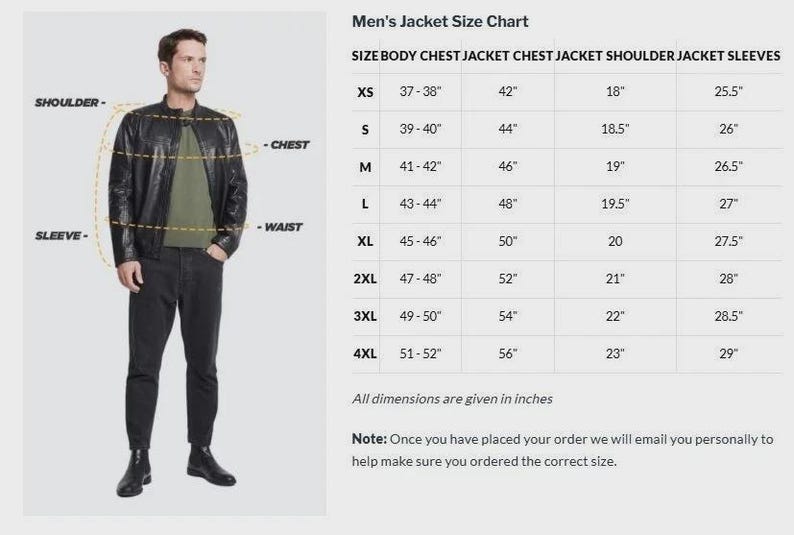 May include: A man in a black leather jacket and dark jeans stands next to a size chart. The chart lists jacket sizes from XS to 4XL, with measurements in inches for body, chest, shoulder, and sleeve.