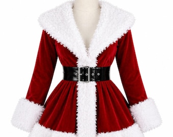 Peut inclure: Une veste en velours rouge avec un large col en fausse fourrure blanche, des poignets en fausse fourrure blanche et un ourlet en fausse fourrure blanche. La veste est cintrée par une large ceinture en cuir verni noir à boucle argentée.