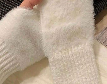 Women’s White Winter Fingerless Thermal Gloves – Soft Plush Fleece, Stretchy Warm Cozy Gloves