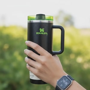 May include: Black Stanley mug with a green lid and handle. The mug has the Stanley logo in green. The mug is held in front of a blurred green background. A smartwatch is visible on the person's wrist.