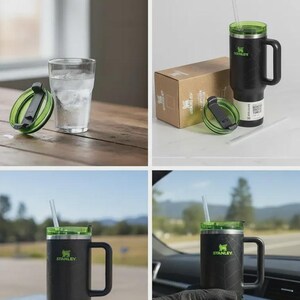 May include: Black and green insulated tumbler with a handle and straw. The tumbler has a green lid and the Stanley logo. A glass of water and the tumbler's box are also shown.