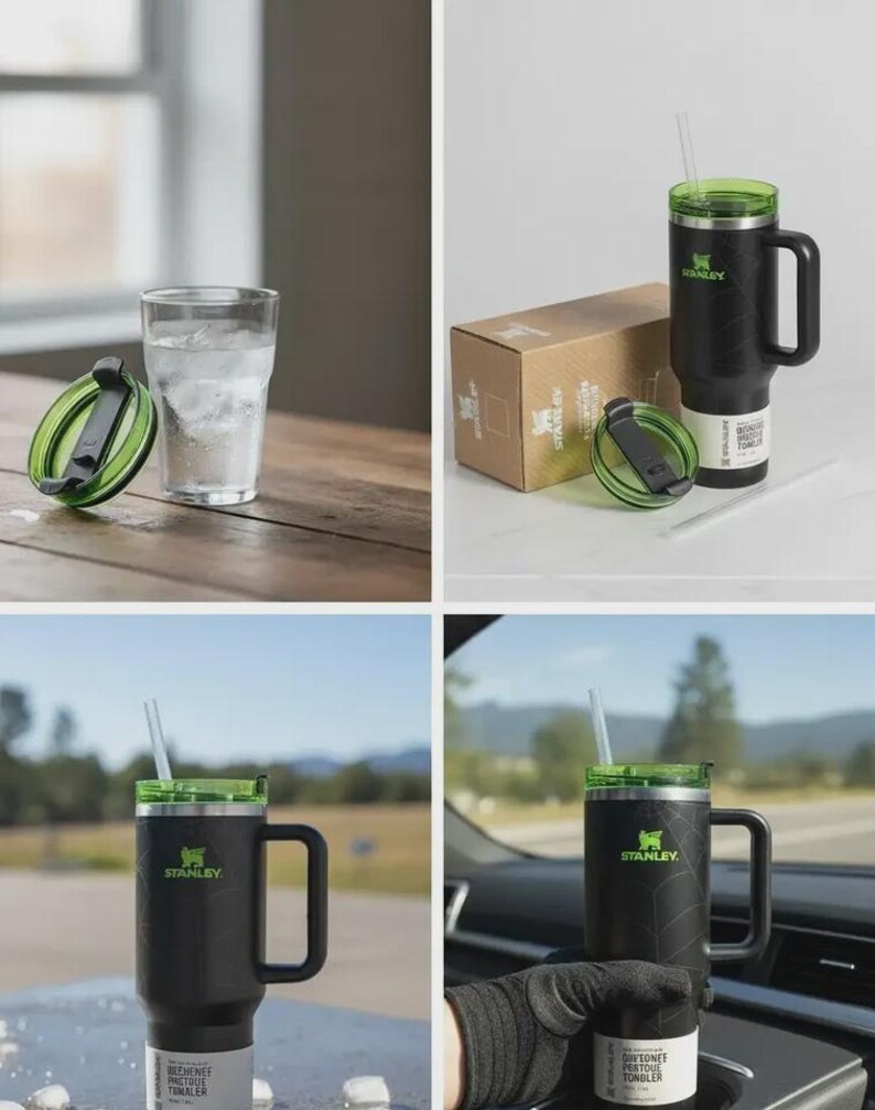May include: Black and green insulated tumbler with a handle and straw. The tumbler has a green lid and the Stanley logo. A glass of water and the tumbler's box are also shown.