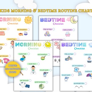 Op de afbeelding: Een set printbare Kids Morning & Bedtime Routine Chart checklists met kleurrijke illustraties, tekstlabels en selectievakjes voor dagelijkse taken. Een gele cirkelvormige badge vermeldt BONUS: 150 ROUTINE ICONS. De kaarten bevatten zon- en maanafbeeldingen.