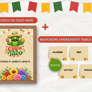 Puede incluir: Un letrero de Cinco de Taco con un cactus con sombrero sosteniendo un taco y maracas. El marco de madera contiene tarjetas de mesa para ingredientes: jalapeño, carne, lechuga y aguacate. El texto dice 'Cinco de Taco'.