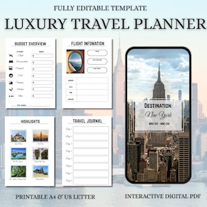 Interaktiver Reiseplaner, digitale PDF- und Canva-Vorlage, druckbares Tagebuch mit Hyperlinks, Urlaubsplaner, Bucket List, A4-Format (US Letter).