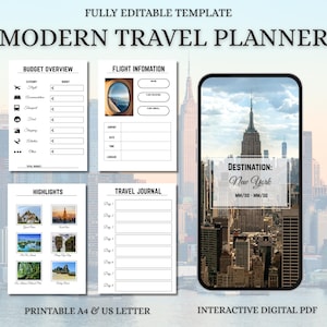 May include: A digital travel planner template featuring a budget overview, flight information, highlights, and a travel journal. A smartphone displays a New York destination page. Text includes FULLY EDITABLE TEMPLATE, MODERN TRAVEL PLANNER, and PRINTABLE A4 & US LETTER.