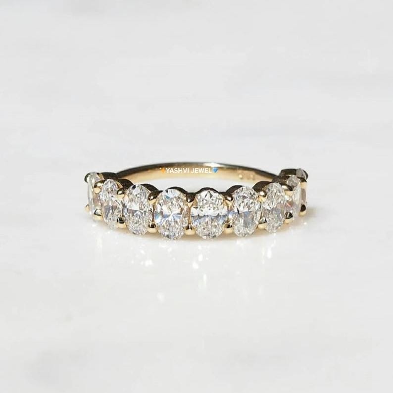 Oval Moissanite Wedding Band | 14K Gold Half Eternity Stackable Ring - Etsy
