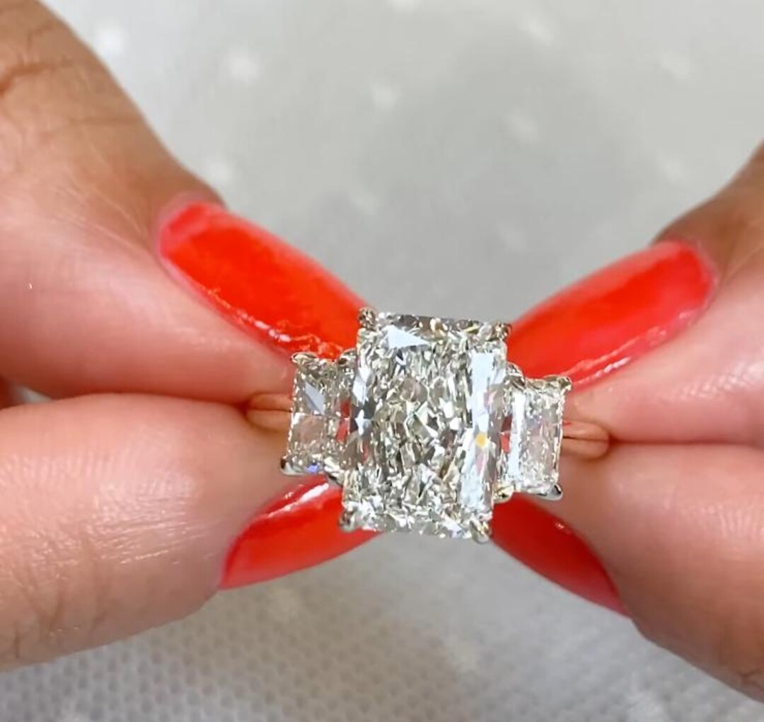 Radiant Side 3.02CT Radiant Cut Moissanite Diamond Three Stone Ring, Trilogy Radiant ...