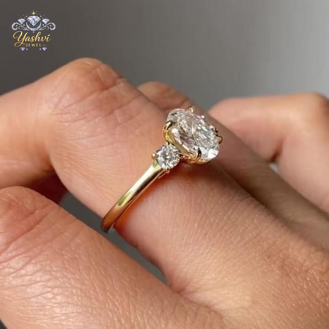 2 CT Oval Moissanite Engagement Ring | Three Stone 14K Solid Gold Ring ...