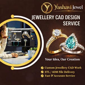 Peut inclure: Publicité pour le service de conception CAO de bijoux de Yashavi Jewel. L'image présente une femme travaillant sur un ordinateur, présentant des créations de bijoux. Deux bagues sont affichées : une bague en or avec un diamant et une bague en argent avec une pierre précieuse turquoise.