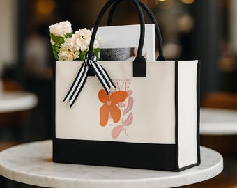 Floral Love Tote Bag for Women, Minimal Flower Canvas Shopper, Aesthetic Reusable Everyday Bag, Chic Gift for Mom Sister Friend Bag