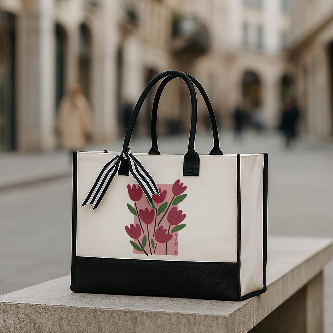 Paris Floral Canvas Tote Bag, Minimal Flower Illustration Shopper Bag ...