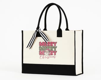 Merry Christmas Tote Bag Gift for Women, Festive Santa Holiday Canvas Bag, Reusable Xmas Shopping Tote, Gift for Mom Sister Teacher