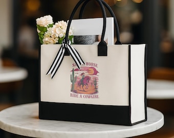 Save a Horse Ride a Cowgirl Tote Bag, Western Cowgirl Canvas Bag, Boho Rodeo Style Reusable Shopper, Country Gift for Women Bag