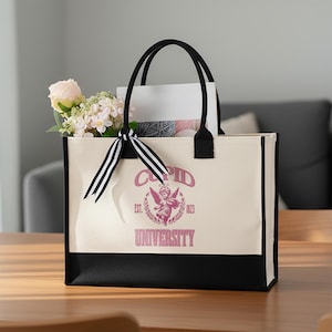 Cupid University Tote Bag Gift for Women, Pink Cupid Angel Canvas Bag, Vintage College Style Reusable Shopper Tote, Cute Gift for Her