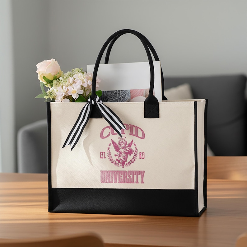 Cupid University Tote Bag Gift for Women, Pink Cupid Angel Canvas Bag, Vintage College Style Reusable Shopper Tote, Cute Gift for Her