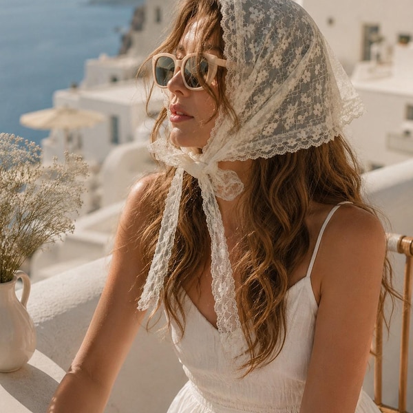French Lace Triangle Head Scarf, Romantic Cottagecore Hair Scarf Inspired by Mediterranean Summer Style
