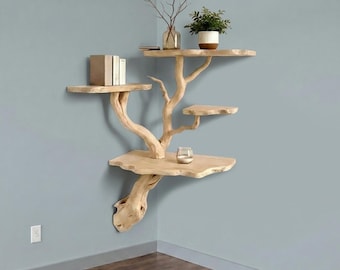 Estante flotante de esquina con forma de rama de árbol, estantes de pared de madera flotante, estantería única de madera maciza, arte para libros