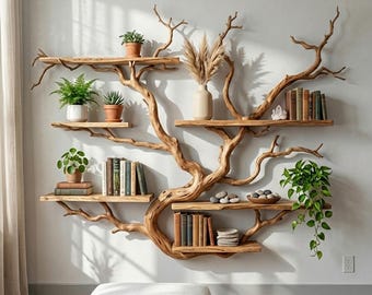 Estantería flotante de madera de rama de árbol, hecha a mano, única, de madera maciza con borde natural, para colgar en la pared.