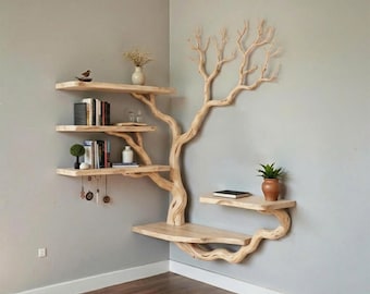 Estantería de pared con ramas de árbol, estanterías flotantes rústicas, arte de madera con borde natural, decoración de estantería personalizada