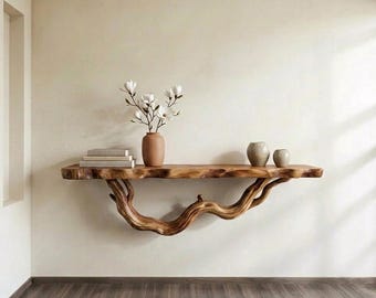 Tree branch unique floating shelf wall mounted bookshelf live edge solid wood shelves decor