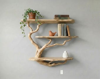 Tree branch wall mount bookshelf natural floating wood shelf rustic unique wall shelves decor