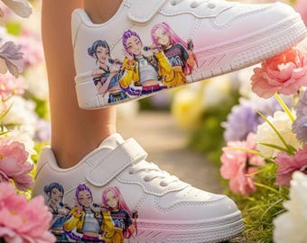 Kpop Hunters Kids Sneakers Girls Shoes Kpop Hunters White Velcro Sneakers Cute Kids Shoes Trendy Girls Footwear- Blue&Pink Spray