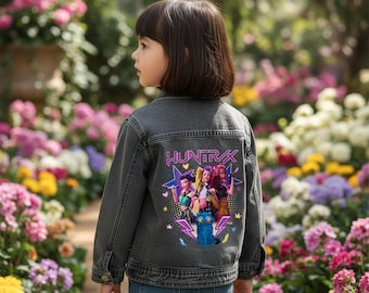 Giacca di jeans per bambini, giacca di jeans anime, abbigliamento Huntrix Demon Hunters, regalo kawaii per ragazze Kpop, cappotto alla moda con risvolto retrò, stampa Rumi Mira Zoey