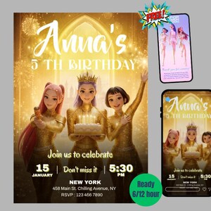 Puede incluir: Una invitación dorada para el 5º cumpleaños de Anna. La invitación presenta tres figuras animadas con vestidos dorados, sosteniendo un pastel y un recuerdo de fiesta. La invitación incluye la fecha, hora y lugar en Nueva York.