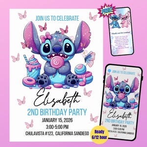 Pode incluir: Um convite de aniversário com um personagem de desenho animado segurando um pirulito, rodeado de doces e borboletas. O convite inclui o texto "Join us to Celebrate" e detalhes da festa de 15 de janeiro de 2026.