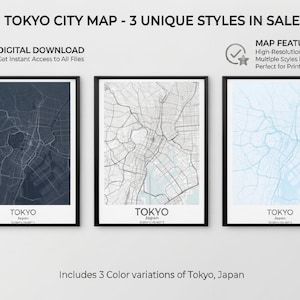 Può includere: Tre mappe incorniciate di Tokyo in schemi di colore blu navy, neutro e azzurro. Ogni mappa è etichettata "Tokyo, Giappone". L'immagine include un'icona di download digitale e il testo "3 stili unici in vendita."