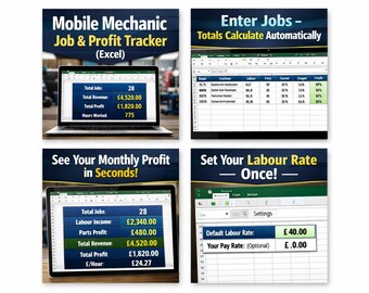 Mobile Mechanic Job & Profit Tracker (Excel) | Labour + Parts | Monthly Summary | UK GBP Spreadsheet