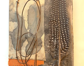 Wall Decor Mixed media collage, with feather, wire, natural materials, neutral colors,serene vibe