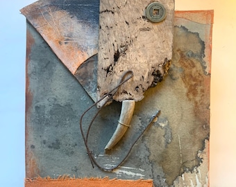 Wall decor, mixed media, bold collage with natural materials and warm, earthy colors