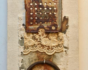 Wall art, Mixed media collage,Rusted metal and lace, a fusion of modern farmhouse
