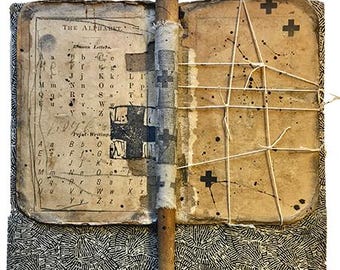 Mixed media collage wall decor in warm tones and calm vibe