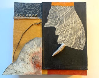 Bold mixed media collage with natural elements in warm tones, with calm vibe