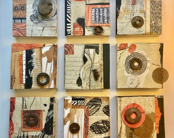 Nine piece collage grid, mixed media