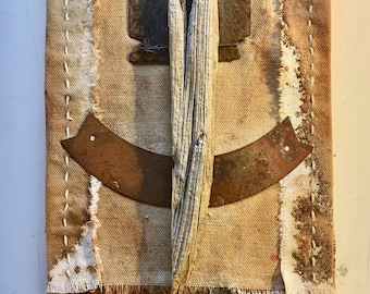 Earthy Mixed Media Collage, Totem with Antler and Rusted Metal