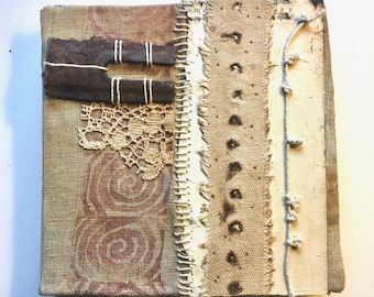 Mixed media collage with rust and lace, modern farmhouse style