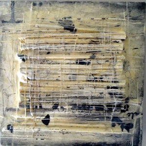 Encaustic Assemblage, Titled, "Mysterious Script" Unique, tranquil 3 D art