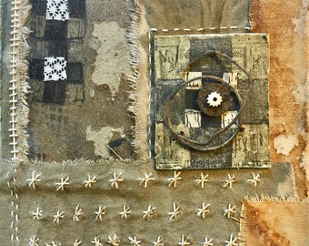 Enduring and calm mixed media collage with natural materials, a unique organic vibe